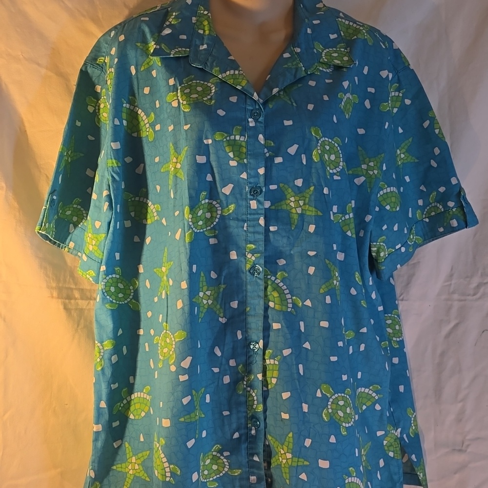 Bobbie Brooks Blue Button-Down Shirt with Green Sea Life Print